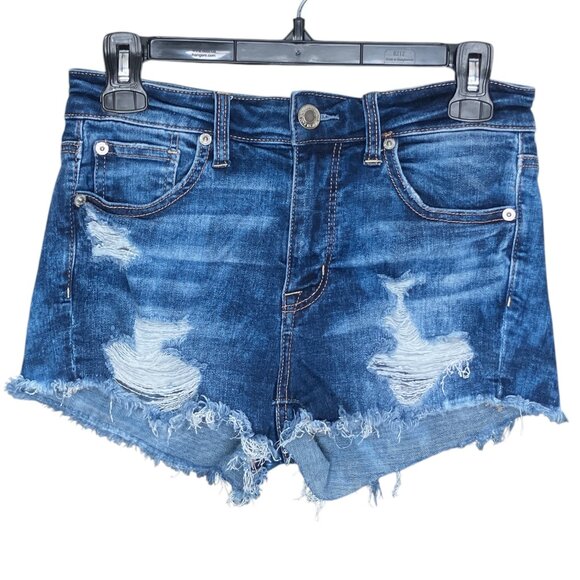 American Eagle 4 Hi Rise Shortie Distressed Super Stretch X Denim Jean Shorts‎ - Picture 1 of 5